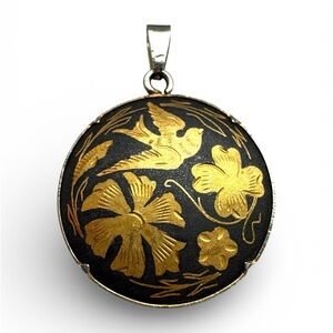 Vintage Toledo Spain Damascene Pendant Black Gold Bird Floral 1960s